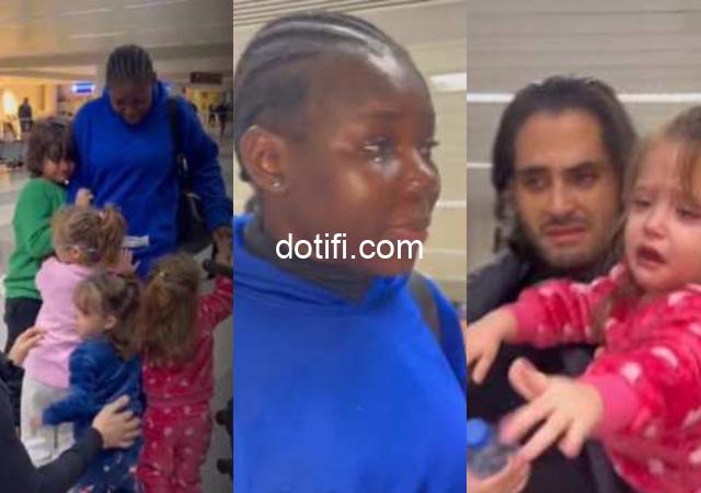 “I cried too”- Oyinbo man and his kids breaks down in tears at airport as their black nanny leaves the country